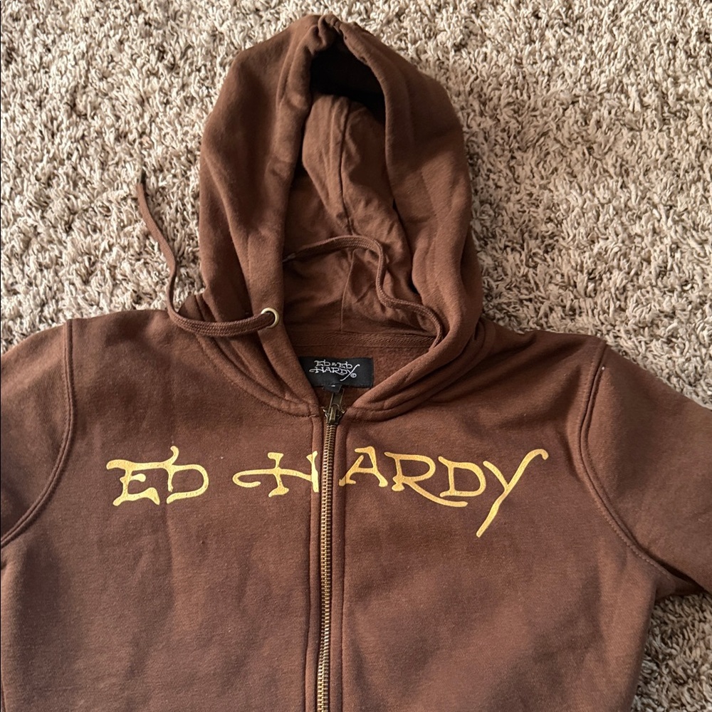 Ed Hardy woman's  Brown Hoodie with Gold Text